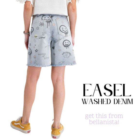 Easel Washed Denim Jean Shorts with Floral Print - Picture 5 of 5